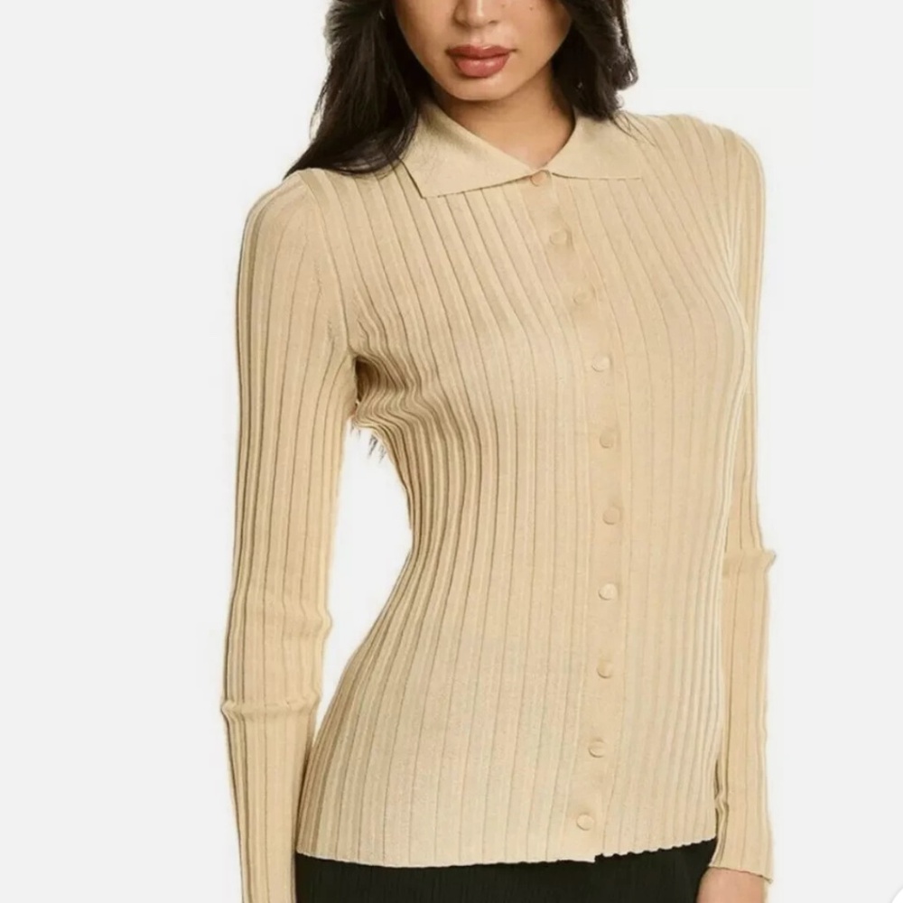Vince Long Sleeved Ribbed Collar Cardigan in Milk Honey Size Small